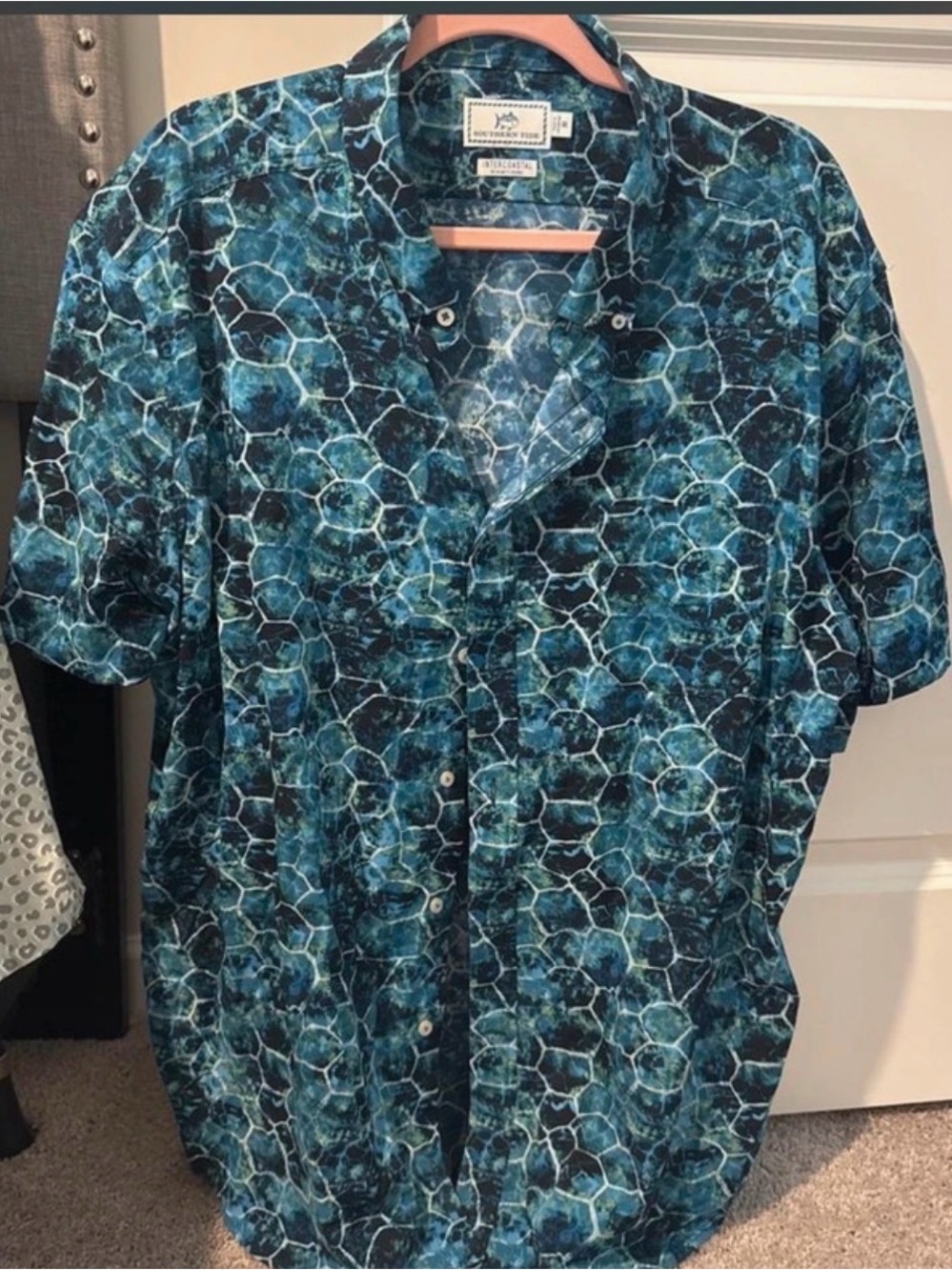 Southern Tide Men's Teal & Navy Hex Mosaic Short-Sleeve Button-Down